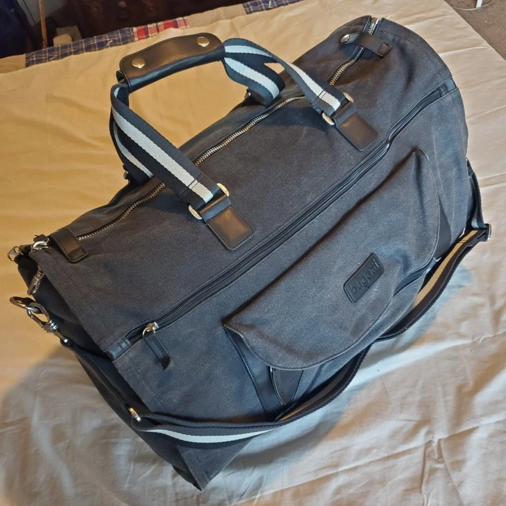 Bugatti Mens Charcoal Canvas Convertible 2-in-1 Garment Duffel Bag Travel Grey